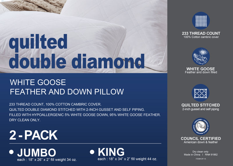 233 Thread Count Quilted White Goose Feather and Down Pillow (2-Pack)
